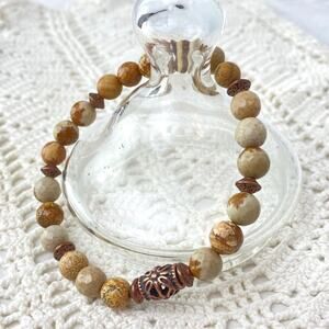 Stone Bead Brass Charm Stretch Bracelet Ivory Tan